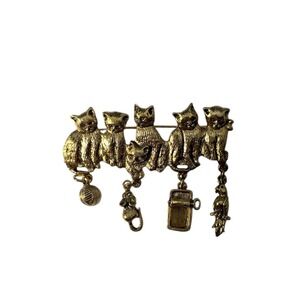 Vintage Gold Tone‎ Six Kittens Cats Kitties Dangle Toys Cat Food Cute Brooch Pin